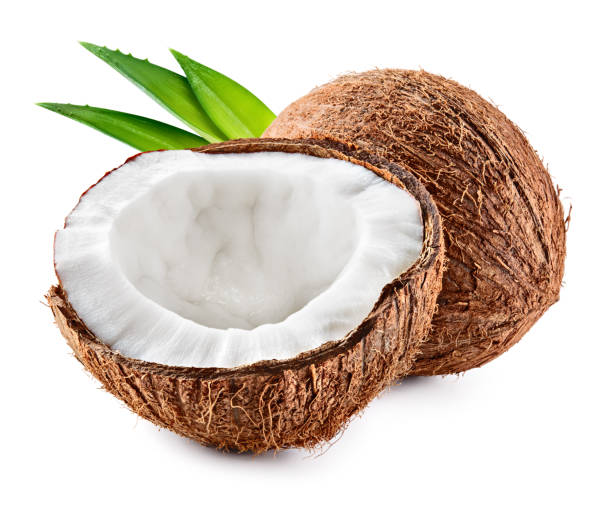 istock Coco. Coconut isolated. Coconut half and leaves on white background - Image 1158975555