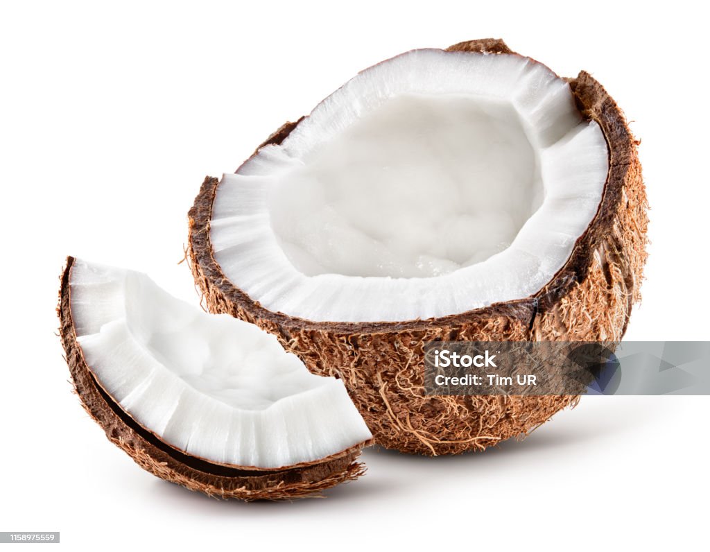 Coco. Coconut half and piece isolated. Cocos white. Full depth of field. Coconut Stock Photo