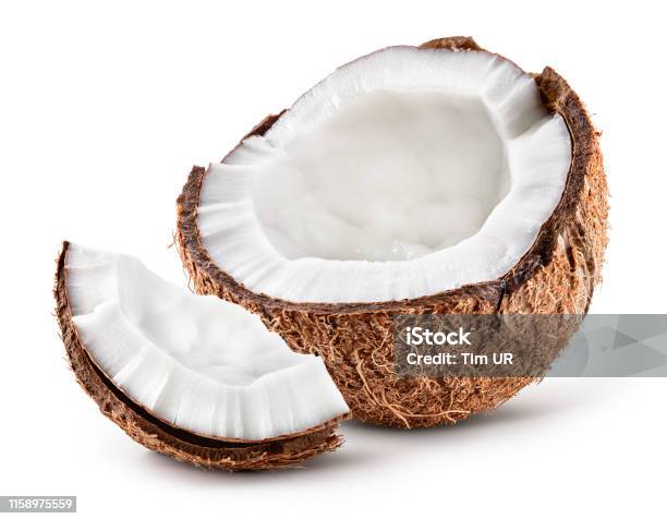Coco Coconut Half And Piece Isolated Cocos White Full Depth Of Field Stock Photo - Download Image Now