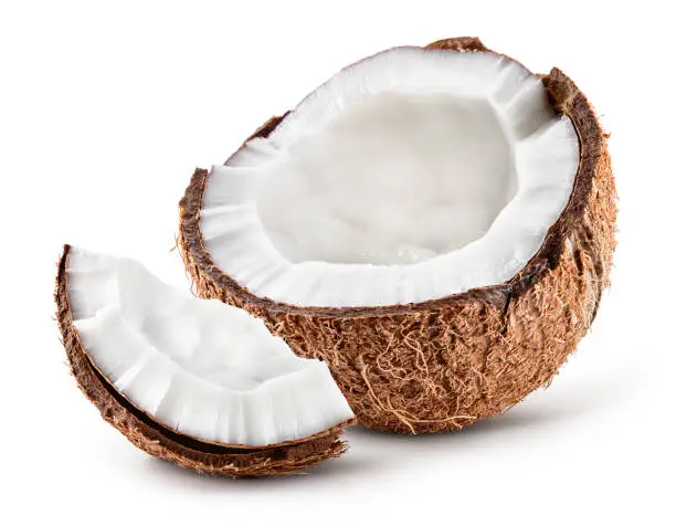 Photo of Coco. Coconut half and piece isolated. Cocos white. Full depth of field.