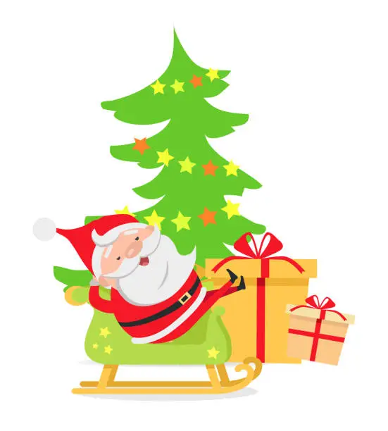 Vector illustration of Santa Claus in Sleigh near Decorated X-mas Tree