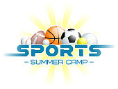 istock Sports Summer Camp concept with different Sports Balls and the sun. 1158975774