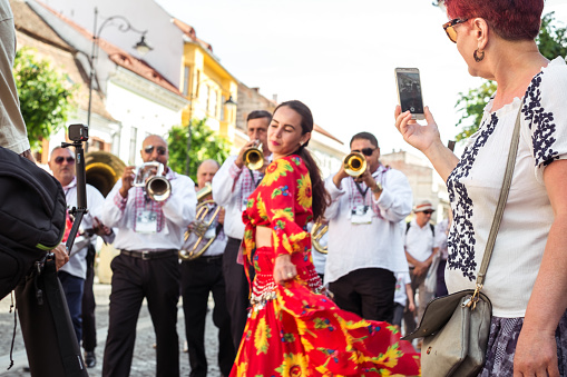 Sibiu City, Romania - 19 June 2019. The Brass Band from Cozmesti performing at the Sibiu International Theatre Festival from Sibiu, Romania.