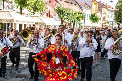 Sibiu City, Romania - 19 June 2019. The Brass Band from Cozmesti performing at the Sibiu International Theatre Festival from Sibiu, Romania.