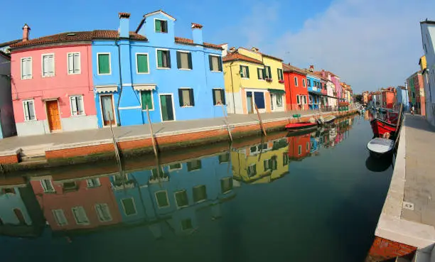 colorful houses on the island of Burano with the reflection on the navigable canal photographed with the technique of long exposure to obtain a perfect reflection on the water