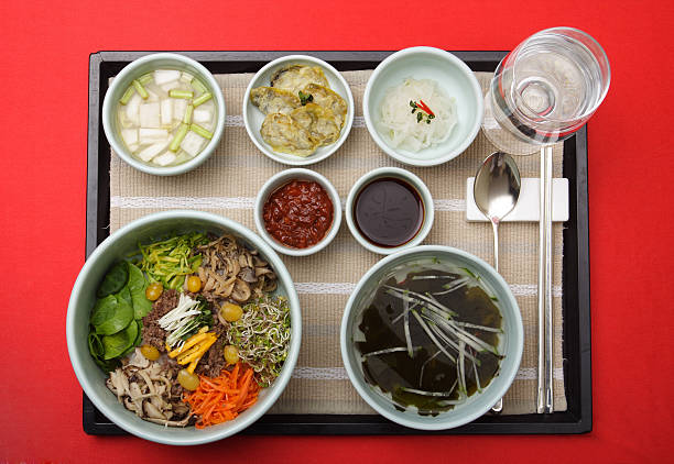 Korean food. Vegetarian meal with tea on the table