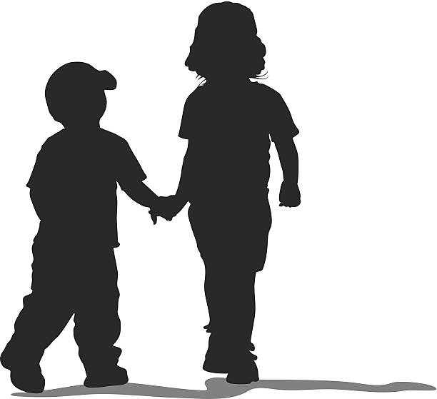 Children Holding Hands Silhouette of two children, a boy and a girl, walking hand in hand kids holding hands stock illustrations