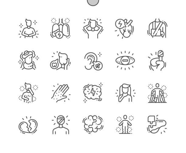 illustrazioni stock, clip art, cartoni animati e icone di tendenza di problemi di salute pixel perfect vector thin line icons 30 2x grid per grafica web e app. pittogramma minimo semplice - relationship difficulties immagine