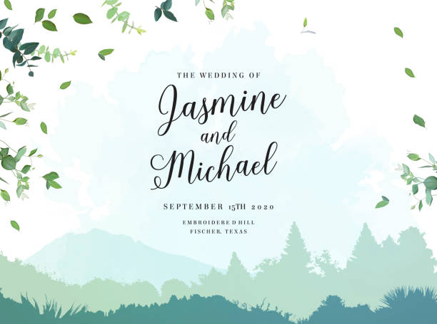 Herbal minimalist wedding travel rustic frame. Landscape and greenery vector design invitation. Forest and mountains rural scenery. Herbal minimalist wedding travel rustic frame. Watercolor style.Natural card.All elements are isolated and editable mountain borders stock illustrations