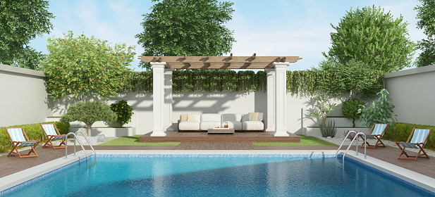 Luxury garden with large pool and gazebo on background - 3d renderig\nNote: garden  does not exist in reality, Property model is not necessary
