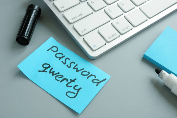 istock Weak password qwerty on a memo stick and laptop. 1158994893