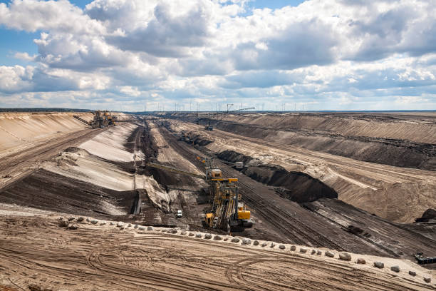 View into an active open pit lignite mine near Cottbus, Brandenburg. The lignite is mined with the help of huge bucket wheel excavators.