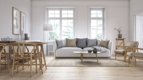 Modern scandinavian living room interior - 3d render Scandinavian interior design living room 3d render with white colored furniture and wooden elements serbia and montenegro stock pictures, royalty-free photos & images