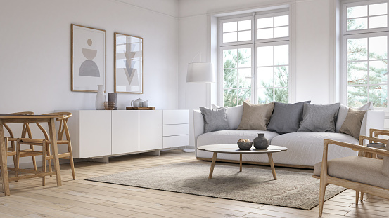 Scandinavian interior design living room 3d render with white colored furniture and wooden elements