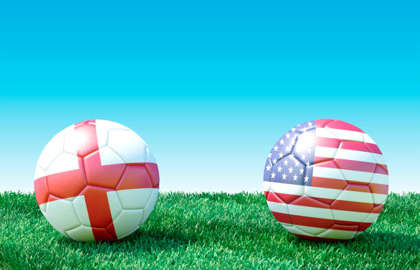 Two soccer balls in flags colors on green grass. Women's soccer. Semi-final. England and USA. Two soccer balls in flags colors on green grass. Women's soccer. Semi-final. England and USA. 3d image usa england stock pictures, royalty-free photos & images