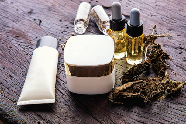 Medical marijuana concept, hemp cannabis natural products  with lotion stock photo