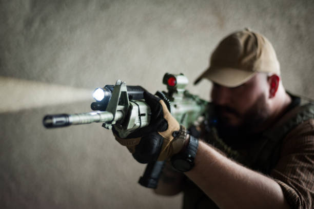 istock Armed soldier ready for battle. Military concept. 1159003066