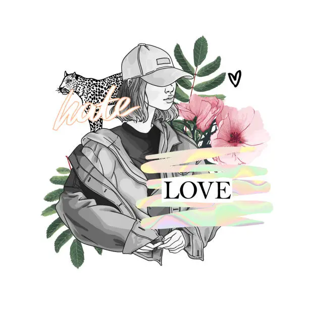 Vector illustration of Hate love slogan with girl and rose with leopard illustration