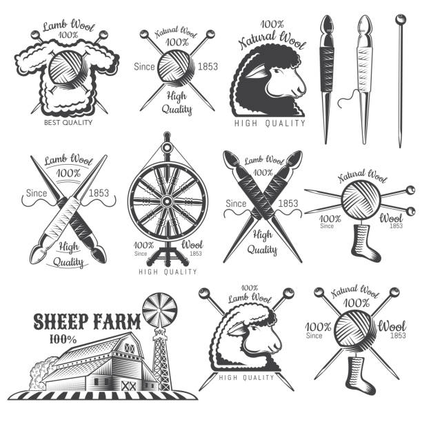 Set of labels wool sheep farm. Label related site or business Set of labels wool sheep farm. Label related site or business spindle stock illustrations