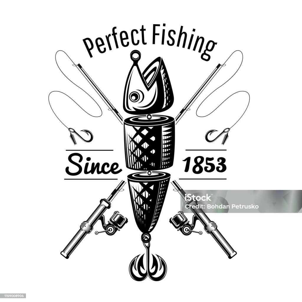 Spoonbait Fish With Crossed Fishing Rods In Engraving Style Label