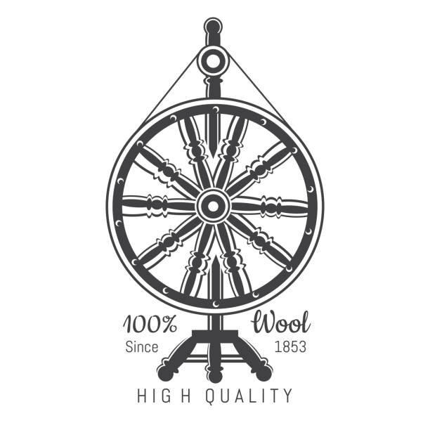 Wheel distaff with yarn. Label for craft related site or business Wheel distaff with yarn. Label for craft related site or business spindle stock illustrations