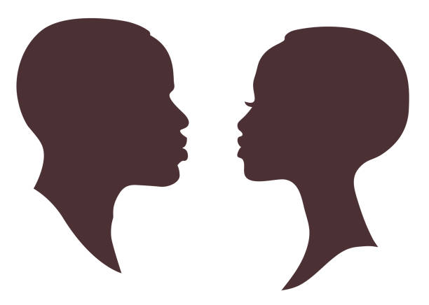 afrikanische frau und mann gesicht silhouette. junge attraktive moderne weibliche brutale männliche profil zeichen logo - afro women african descent silhouette stock-grafiken, -clipart, -cartoons und -symbole