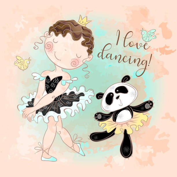 ilustrações, clipart, desenhos animados e ícones de dança pequena da bailarina com bailarina da panda. adoro dançar. inscrição. vetor - ballet little girls child fairy