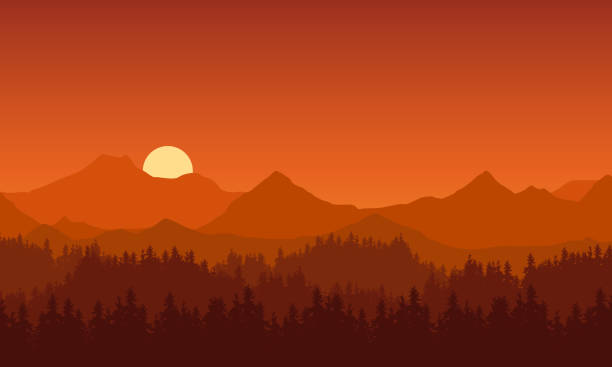 ilustraciones, imágenes clip art, dibujos animados e iconos de stock de ilustración realista del paisaje de montaña con bosque de coníferas bajo el cielo rojo de la mañana o de la noche con el sol naranja o la puesta de sol y el espacio para el texto - vector - sunset winter mountain peak european alps