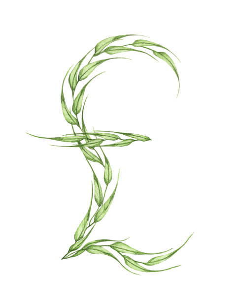 znak funta, alfabet zielonych liści. ilustracja akwarela. - pound symbol environment grass currency stock illustrations