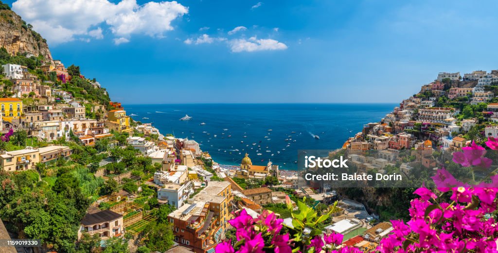 Landscape with Positano Landscape with Positano town at famous amalfi coast, Italy Italy Stock Photo