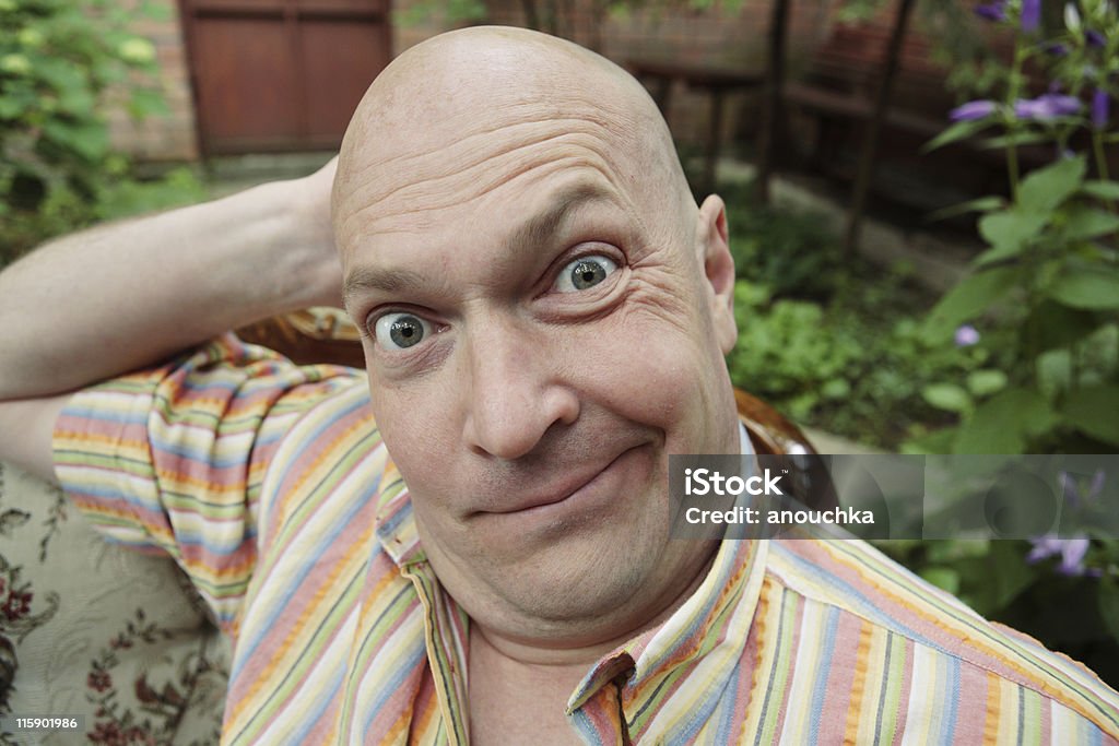 Funny Bald Man In Garden Stock Photo - Download Image Now - 40-49 Years,  Adult, Adults Only - iStock