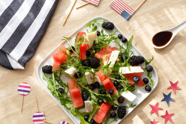 istock appetizer with watermelon, cheese, arugula and berries 1159020079