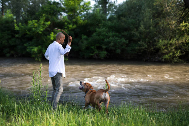 Man plays with his dog by the river