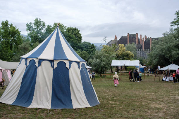 Guimaraes, Portugal - June 23, 2019 : 9th edition of the Afonsina Fair, medieval period, characters, tourists and handicrafts, Guimaraes, Portugal
