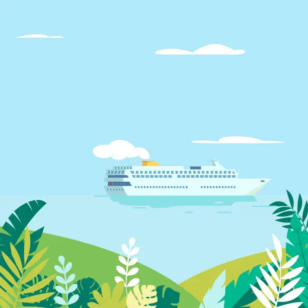 Vector illustration of Cruise ship passing tropical islands