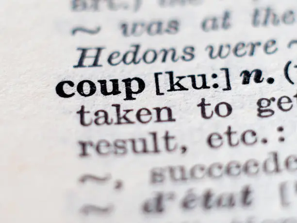 Dictionary definition of word coup. Selective focus.