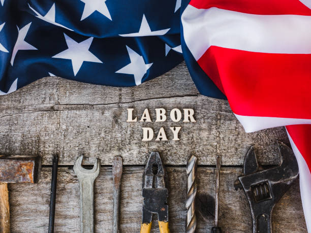labor day. hand tools and wooden letters - work tool rusty old wrench imagens e fotografias de stock
