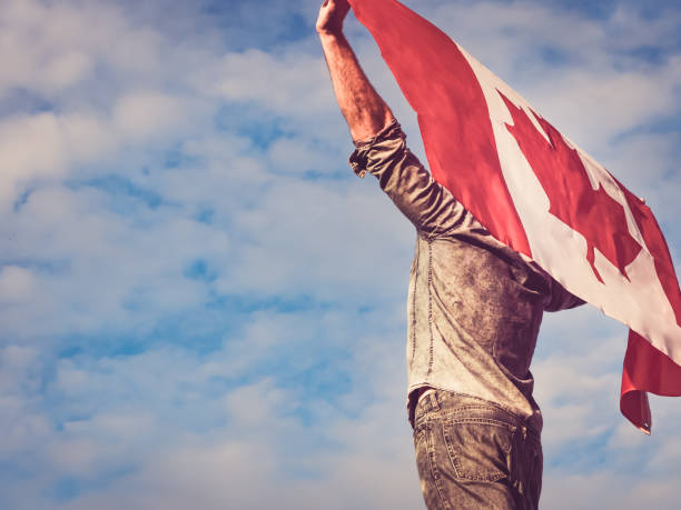 Man waving a Canadian Flag. National holiday Attractive man in jeans and denim shirt waving a Canadian Flag against a clear, sunny, blue sky. View from the back, close-up. National holiday concept canada flag blue sky clouds stock pictures, royalty-free photos & images