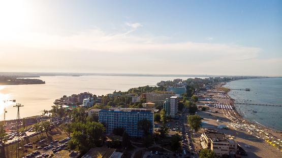 Mamaia, Constanta, Romania - june 18 2019: Aerial view of Mamaia, Constanta, popular tourist place and resort on black sea in a Romania. At one side of this place is located lake, and at other side is a Black Sea.