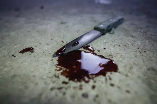 A bloody kitchen knife and a blood pool on concrete in the city.