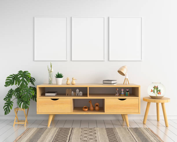 istock Three blank photo frame for mockup in living room, 3D rendering 1159039517