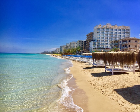 Famagusta beach and abandoned hotels /Greek;Varosha-Turkish: Maras or Kapali Maras is an abandoned southern quarter of the Cypriot city of Famagusta.\nCyprus 05/12/2019