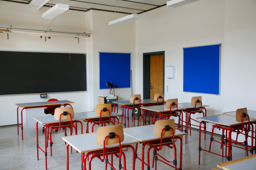 Empty class room in secondary Danish school.