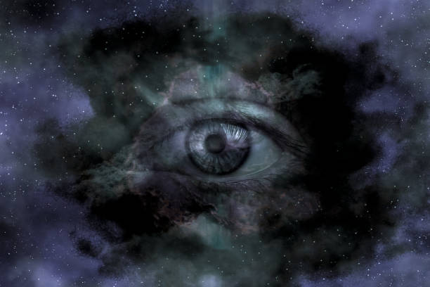 istock Giant eyeball starscape backdrop in galaxy with colorful space clouds. Collage. Elements of this image furnished by NASA. 1159042954