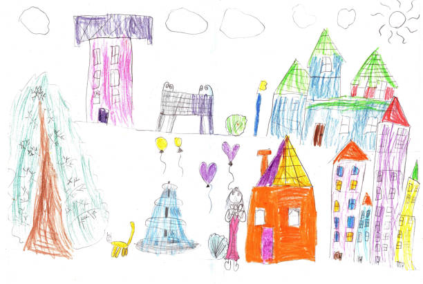 illustrations, cliparts, dessins animés et icônes de dessin d'enfant d'une fille heureuse sur une promenade à l'extérieur - childs drawing child preschool crayon