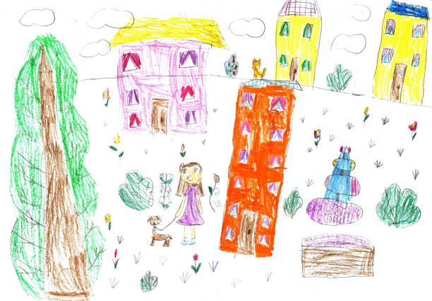 屋外散歩で幸せな女の子の子供の絵 - childs drawing child preschool crayon点のイラスト素材／クリップアート素材／マンガ素材／アイコン素材