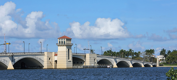Royal Park Draw Bridge as seen from Flagler Avenue in downtown West Palm Beach.  Royal Park Bridge connects Palm Beach with West Palm Beach over the Intracoastal Waterway.