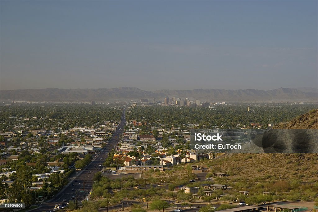 Morning Road to Phoenix Uptown, AZ Morning Road to Uptown of Phoenix, Arizona. View from North Mountain. North Stock Photo