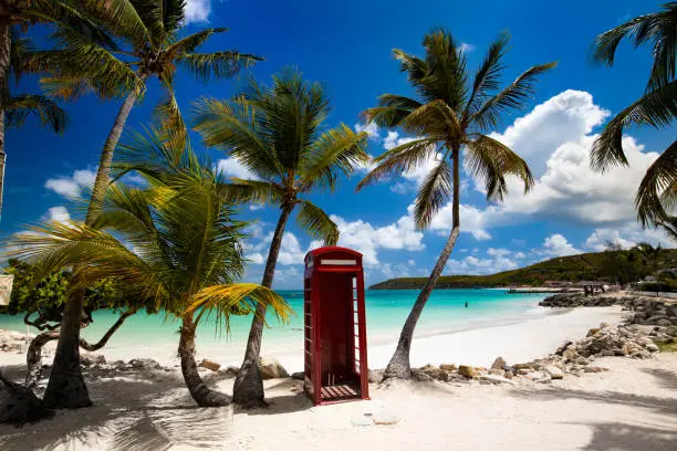 tropical palm trees and telephone booth, perfect beach, Dickenson Bay, Antigua