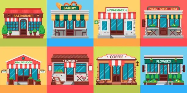 Vector illustration of Restaurants and shops facades. Old shop building, market store and restaurant buildings exterior flat vector illustration set